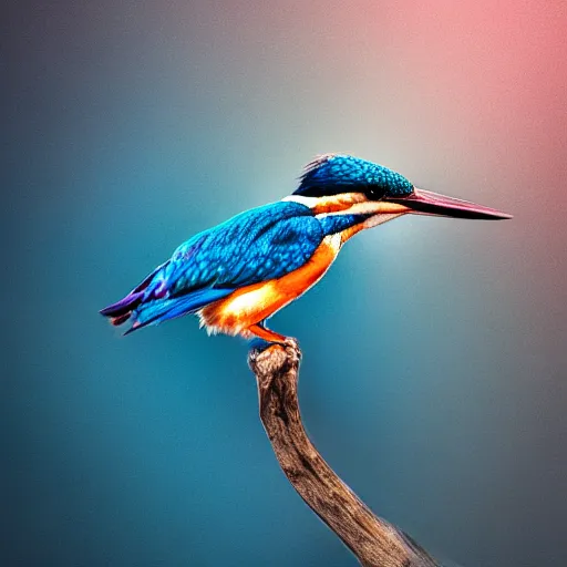 Image similar to kingfisher bird looking majestic, hyperrealistic photograph, dim volumetric lighting, extremely hyper detailed, intricate, epic composition, cinematic lighting, masterpiece, trending on artstation, stunning, hdr, smooth, sharp focus, high resolution, award, winning photo, dslr, 5 0 mm