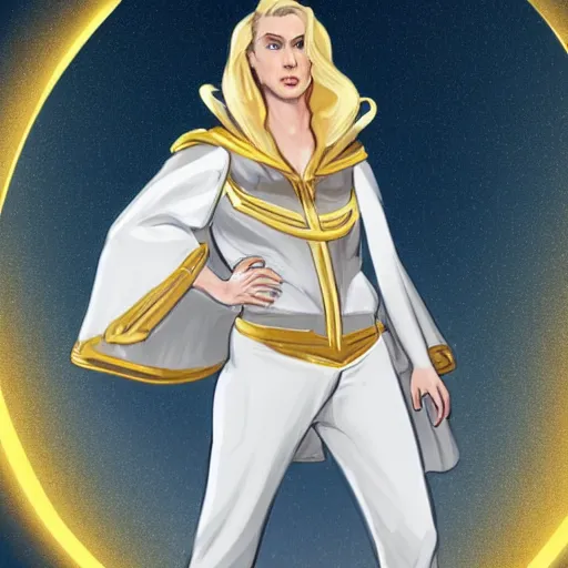 Image similar to character concept art of stoic heroic emotionless handsome blond butch tomboy woman with very short slicked-back hair, no makeup, in princely white and gold masculine satin jumpsuit with gold cape and boots, science fiction, atompunk, illustration