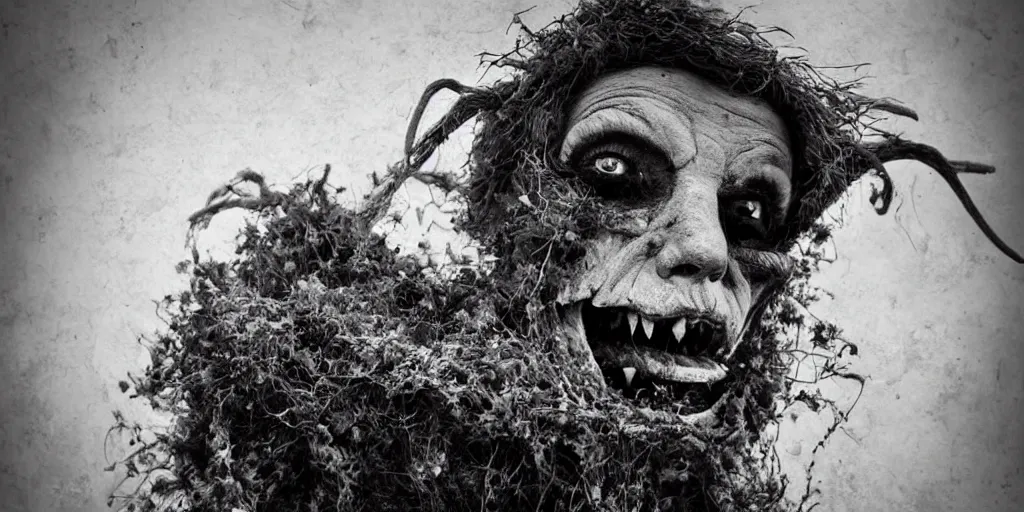 Prompt: _ alpine _ female farmers _ head _ black and white _ being _ overgrown _ by _ edelweiss turning into a hay krampus monster _ roots growing from face _ _ dolomites _ smiling _ dark _ vintage photography _ eerie _ despair _ portrait _ photography _ artstation _ digital _ art _ adward _ winning _ smiling