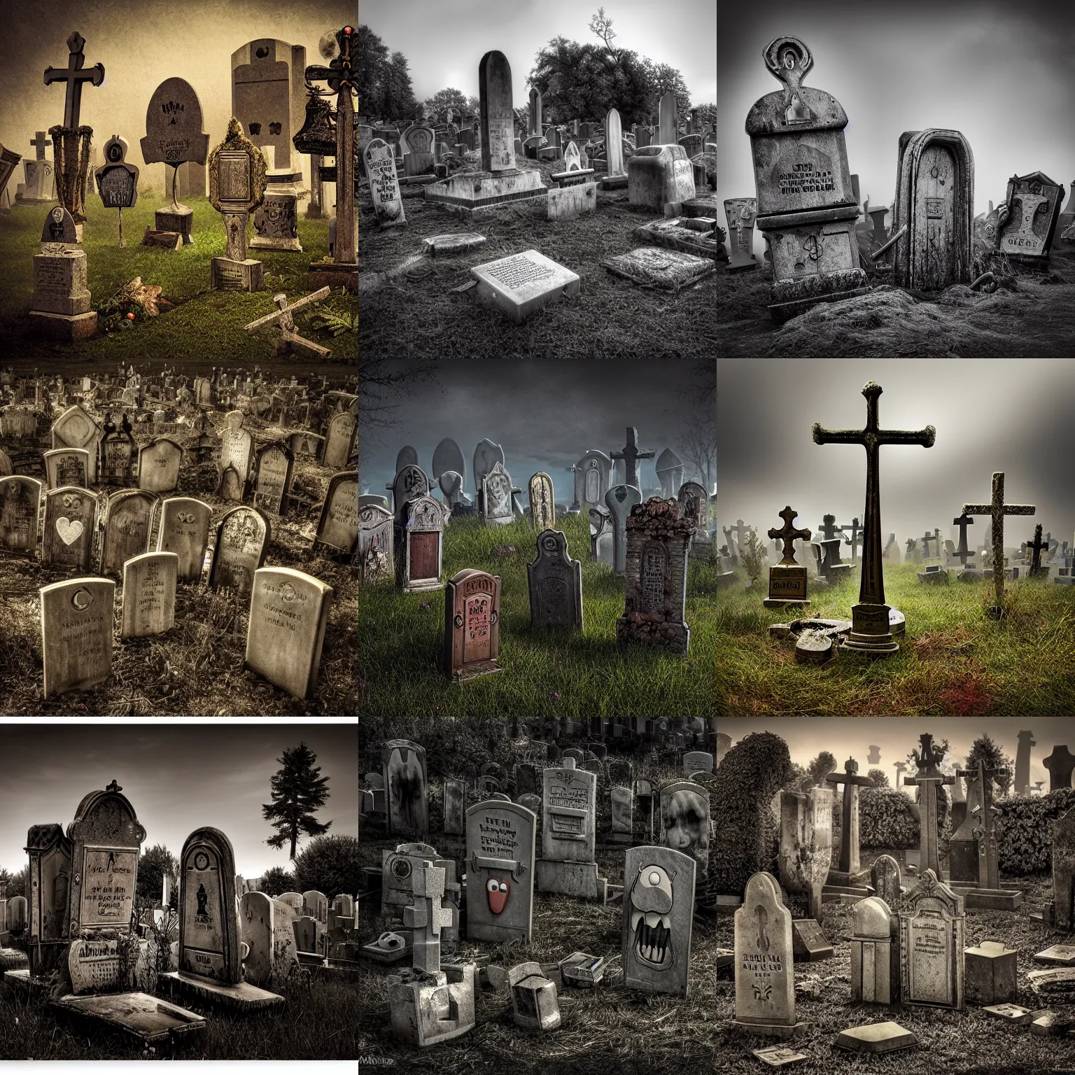 Prompt: a goofy graveyard by mike campau