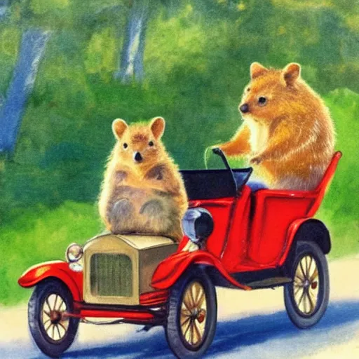 Image similar to a quokka driving a model t ford, in the style of anders zorn