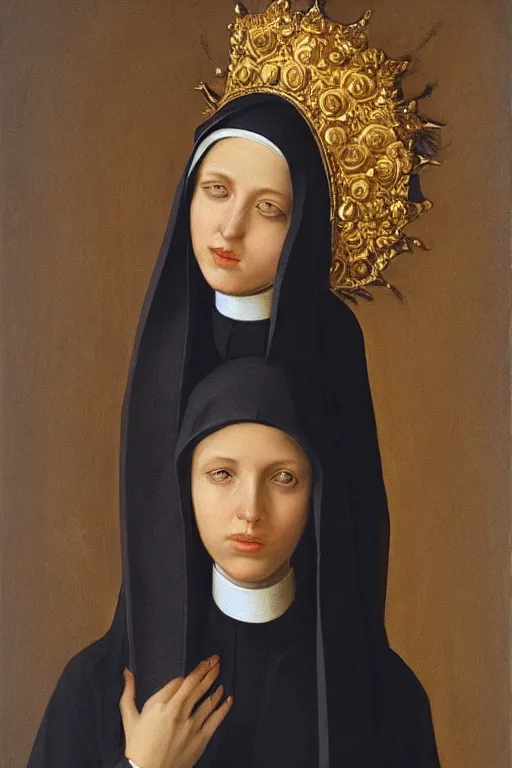 Prompt: hyperrealism portrait of young beautiful nun with tired look, wearing hyper detailed golden crown, in style of classicism