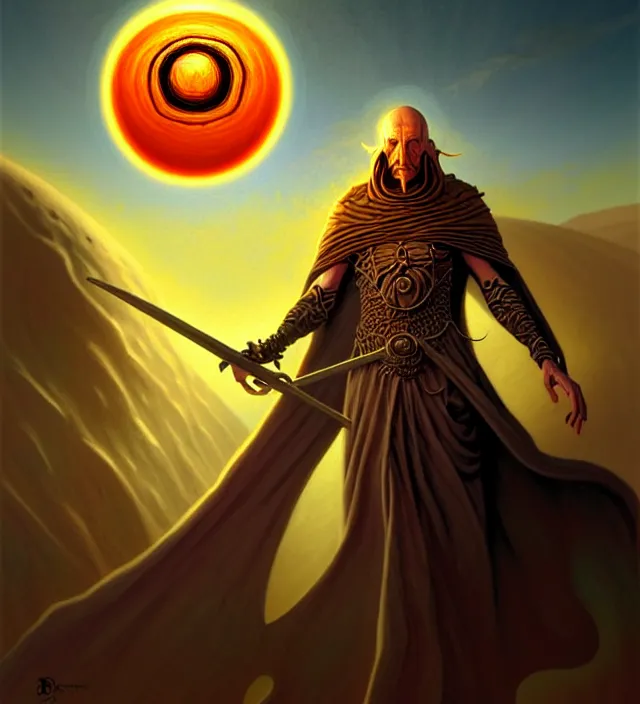 Image similar to a defiler wizard upon the dunes, the dark sun of athas,'dark sun'- campaign setting, brom's dark sun art on a 7 0's style fantasy novel cover, digital painting by brom, amazingly detailed d & d art, concept art, intricate details, beautiful, volumetric lighting, ultrarealistic, cgsociety, artstation
