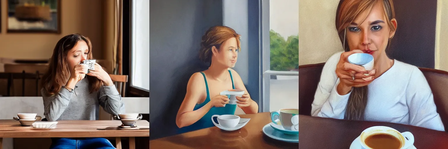 Prompt: Elisha sipping coffee at the breakfast table, photorealistic, 4K