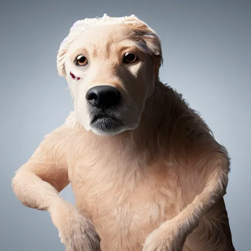 Image similar to realistic studio portrait, human face disguised as a dog, vfx special effects, dog human hybrid creature, in the style of annie leibovitz