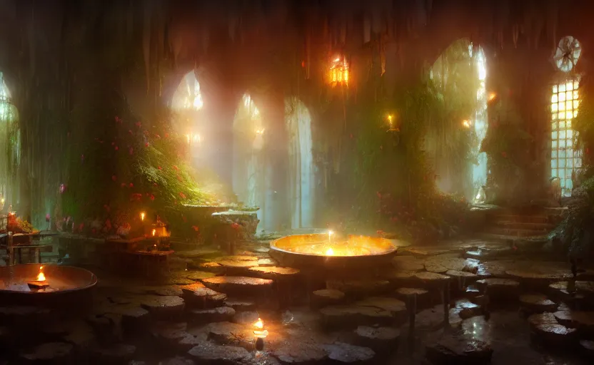 Image similar to painting of an interior of a hot spring with candles, fantasy, lush plants and flowers, natural light, concept art, by greg rutkowski and craig mullins, cozy atmospheric and cinematic lighting, trending on artstation