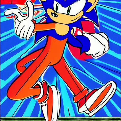 Prompt: a drawing of sonic the hedgehog in the style of sega genesis illustrated by jean giraud!!!!!!!, artwork by josan gonzalez, vaporwave aesthetic