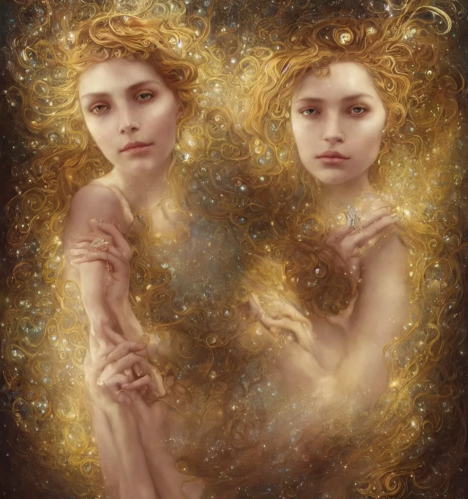 Image similar to Beautiful Delicate Detailed portrait of sun summer woman, With Magical golden eyes by Tom Bagshaw, Bastien Lecouffe Deharme, Erik Johansson, Amanda Sage, Alex Grey, Alphonse Mucha, Harry Clarke, Josephine Wall and Pino Daeni, Delicate winter frozen creature With long golden Hair and Magical Sparkling Eyes, Magic Particles; Magic Swirls, in a out of this world magical summer landscape, 4K; 64 megapixels; 8K resolution concept art; detailed painting; digital illustration; hyperrealism; trending on Artstation; Unreal Engine Photorealistic, lifelike, Unreal Engine, sharp, sharpness, detailed, 8K