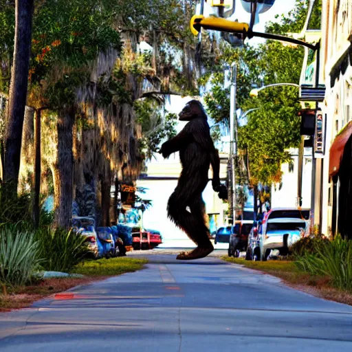 Image similar to bigfoot walking down the street in downtown Pensacola Florida