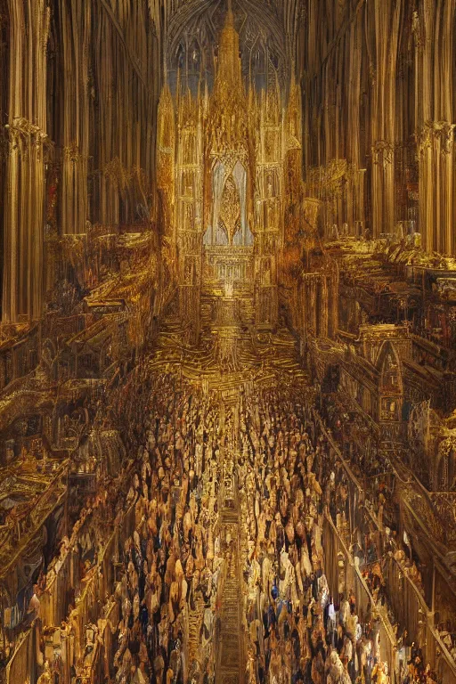 Prompt: The Grand Wizard in gold mage robes, gives a speech to his congregation, inside the holy Duomo di Milano, realistic, fantasy, intricate, elegant, highly detailed, digital painting, artstation, concept art, smooth, sharp focus, illustration, symmetry, masterpiece, art by Marc Simonetti, by Greg Rutkowski