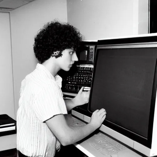 Image similar to 21 year old Jimmy John’s manager with pale skin and reddish brown curly hair is wearing a sleeveless black top and tapping a computer screen on the wall