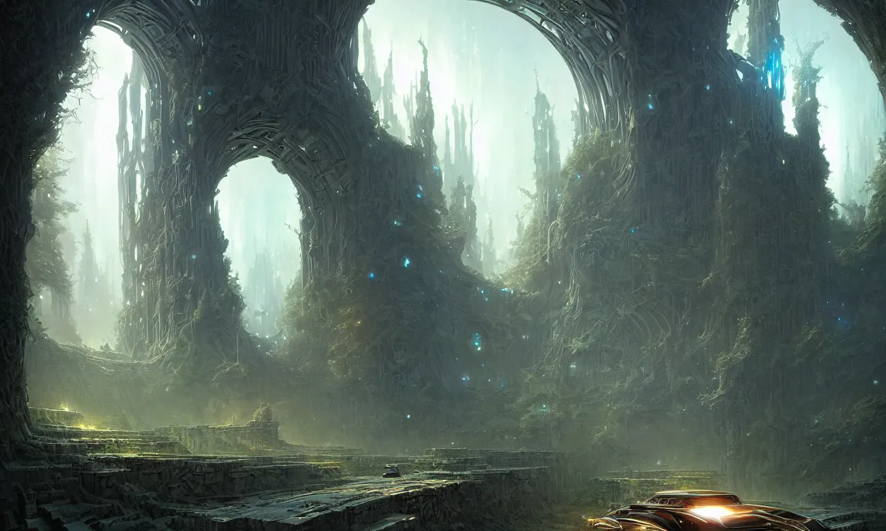 Prompt: forest, a sci - fi quantum computer is the centerpiece tomb that is surrounded by diamonds, there are archways, buttresses, and advance monuments, matte oil painting, science fantasy, retrofuturism, by artgerm, greg rutkowski