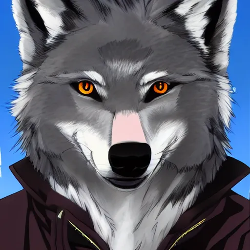 Image similar to key anime visual portrait of an anthropomorphic anthro wolf fursona, in a jacket, with handsome eyes, official modern anime art