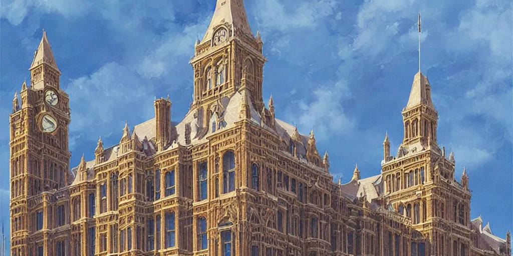 Prompt: portrait of a victorian parliamentary building, blue sky, volumetric, well lit, victorian, detailed, realistic, digital art by greg rutkowski and jordan grimmer