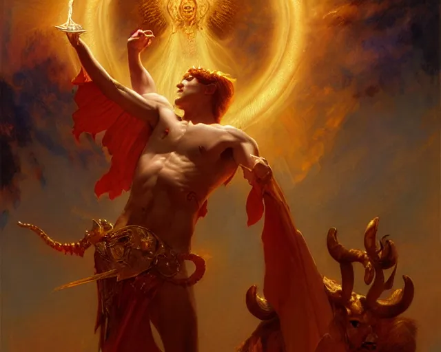 Image similar to attractive male deity, casting demonic magic, summoning handsome lucifer morning star. highly detailed painting by gaston bussiere, craig mullins, j. c. leyendecker 8 k