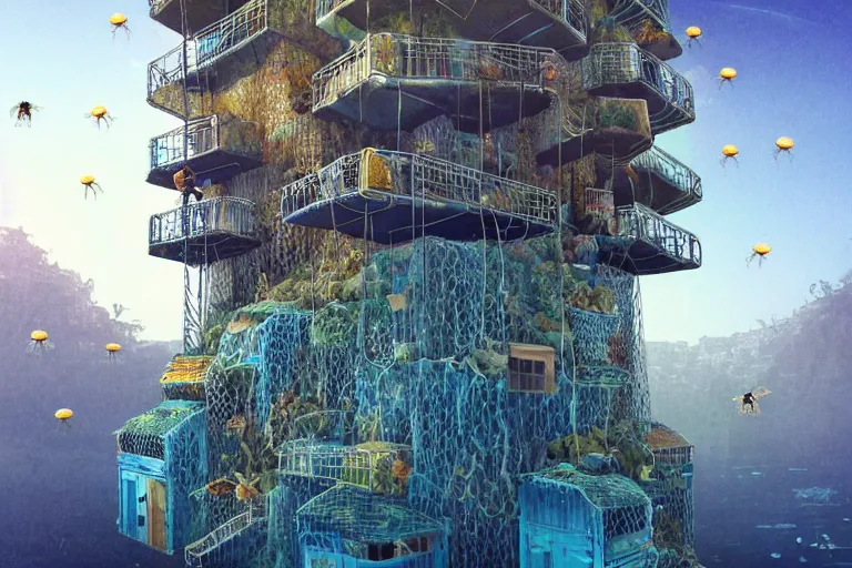 Image similar to favela simple jellyfish bunker honeybee hive, mission arts environment, industrial factory, soothing, award winning art, epic dreamlike fantasy landscape, ultra realistic,