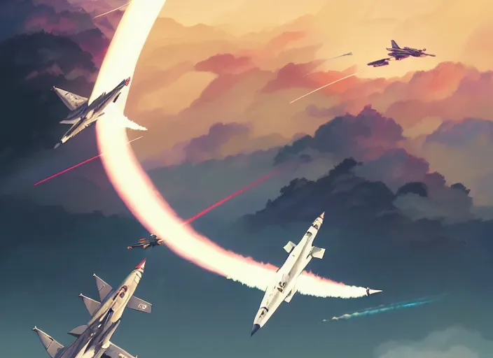 Image similar to portrait of figther jet evading, smoky sky background, lush landscape, illustration concept art anime key visual trending pixiv fanbox by wlop and greg rutkowski and makoto shinkai and studio ghibli and kyoto animation, us airforce, f 1 6, symmetrical wings, chaff and flare lights, missiles trails