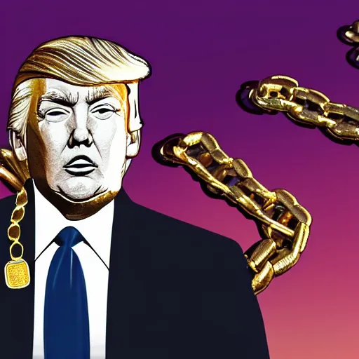 Image similar to portrait of donald trump sitting on a roll's royce, gta 5 artwork, gold chain necklace, very detailed face, purple suit