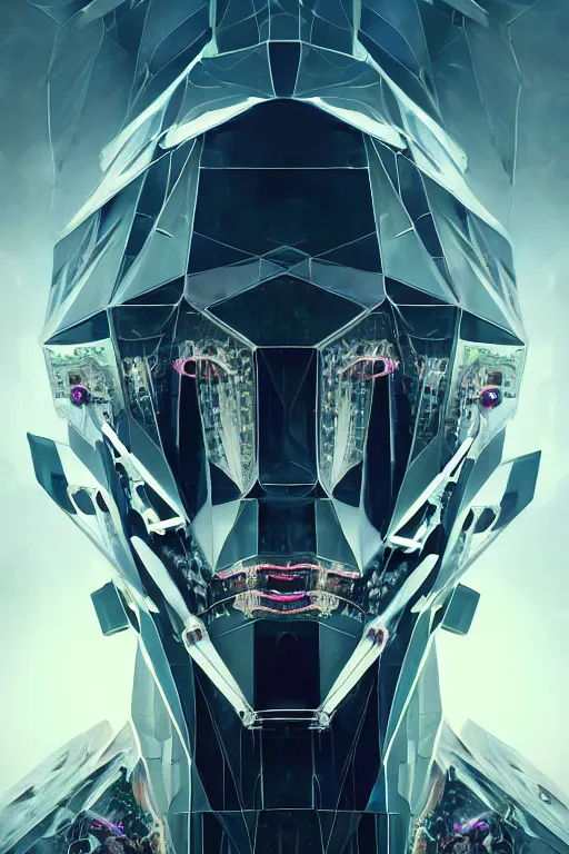 Prompt: dreamland of chinese, ghost, sharp, slender and densely arranged teeth, futuristic, expressive, dystopian, cyberpunk, mecha, halfturn portrait of a big crystal face made of crystals half - turn, ominous, intricate, studio, art by anthony macbain + greg rutkowski + alphonse mucha, concept art, 4 k, sharp focus