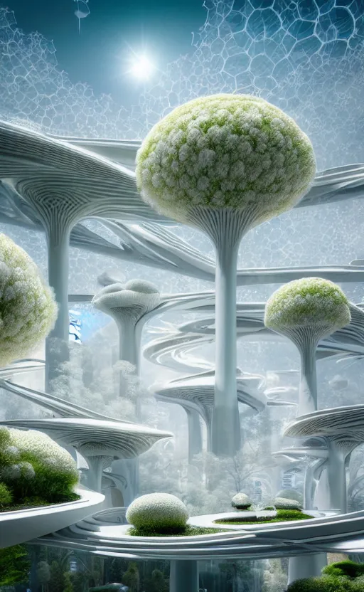 Prompt: beautiful porcelain ivory scifi futuristic city architectural landscape, biophilic, arches, bridges, vincent callebaut composition, mamou - mani, iris van herpin, elegant lace haute couture stone trees, minimalist, porcelain magnolia fluid fractal nebula, daisies, colorful puffballs, high detailed, ultra sharp, soft light, 8 k,