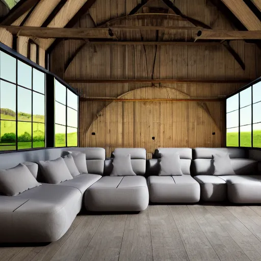 Image similar to interior view of modern futuristic farm barn architecture and interior design showing cows laying down on sofas and pigs and chickens sitting in lounge chairs, wall art, throw pillows, areas rugs, feed troughs, hay, detailed luminescent oil painting 4 k