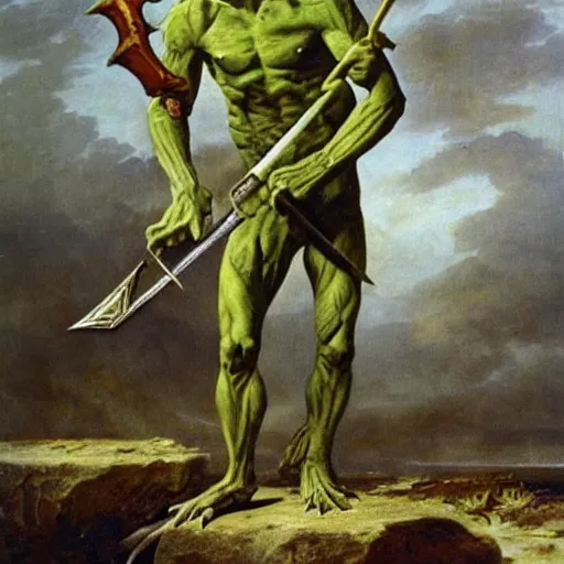 Image similar to dog - faced muscular goblin, ugly face, lizard tail, holding scimitar made of bone, scimitar, sword, jagged sword, curved sword, orkish sword, colorized, green skin, hyper - detailed, primeval fantasy, prehistoric fantasy, art by jacques - louis david