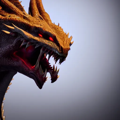 Image similar to portrait of the most fierce dragon ever , photorealistic, intense lighting, unreal engine