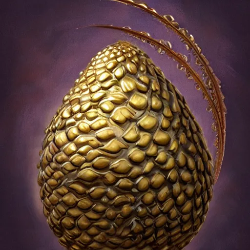 Prompt: an elaborate dragon egg emerging from the blossom of a metallic gold flower with tendrils of gold wrapping around the egg, fantasy concept art