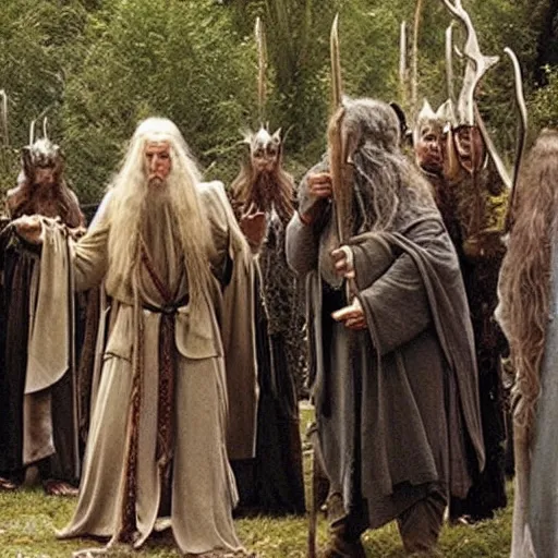 Prompt: a scene from lord of the rings, shamanic ritual run by gandalf