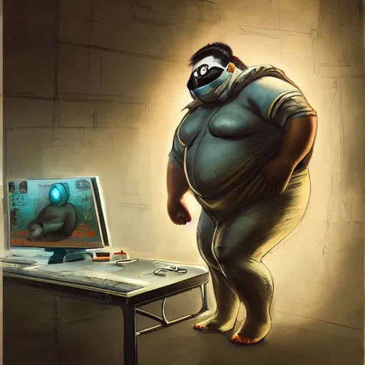 Prompt: an insanely detailed painting of a chubby asian man wearing a homemade superhero costume and mask, sitting at a computer desk typing on the keyboard, in the style of peter mohrbacher, dramatic lighting and composition, trending on artstation, concept art, comic book, graphic novel, back view