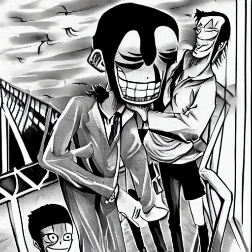 Image similar to two young men, one man human, one man vampire, night, on a bridge, in the style of one piece