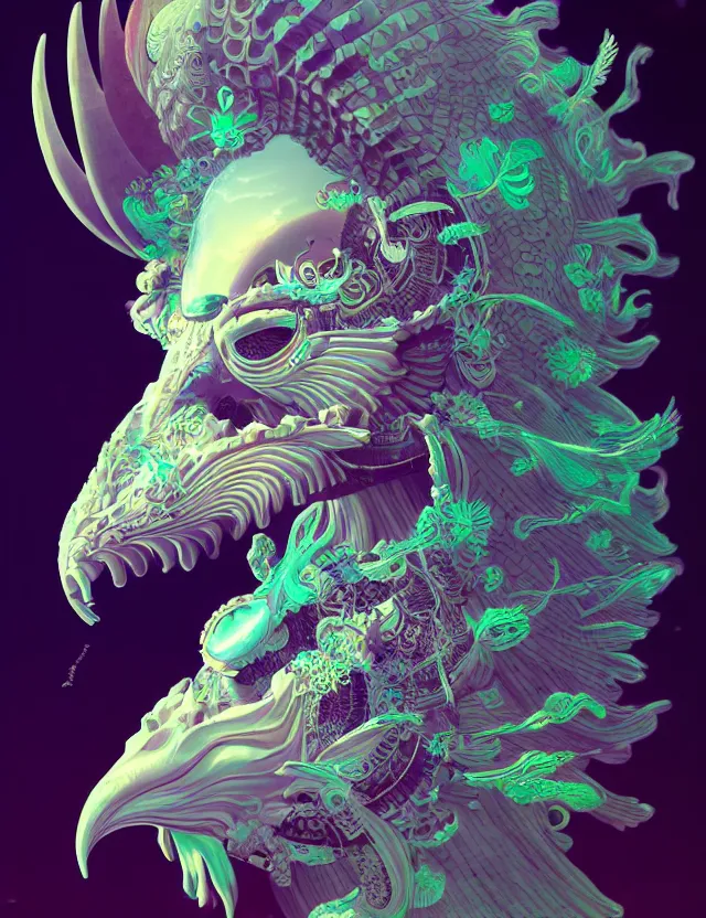 Image similar to 3 d goddess close - up profile solarpunk portrait ram skull. beautiful intricately detailed japanese crow kitsune mask and clasical japanese kimono. betta fish, jellyfish phoenix, bio luminescent, plasma, ice, water, wind, creature, artwork by tooth wu and wlop and beeple and greg rutkowski