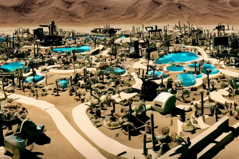 Prompt: desert oasis made of electronics, still from a kiyoshi kurosawa movie, sanriocore, full sun lighting,