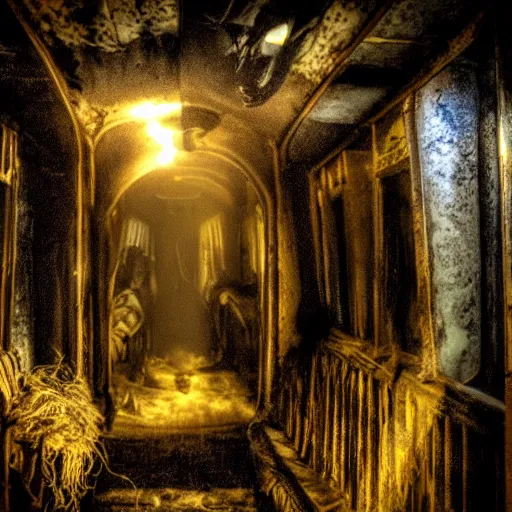 Prompt: inside the ghost train, ghosts and creatures in darkness, hd,