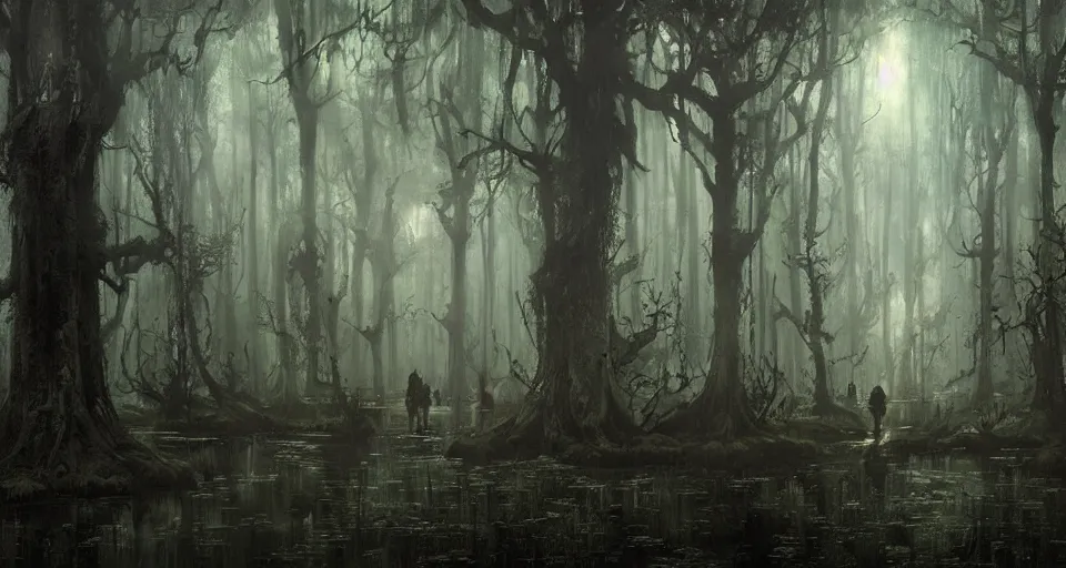 Image similar to A dense and dark enchanted forest with a swamp, by Greg Rutkowski