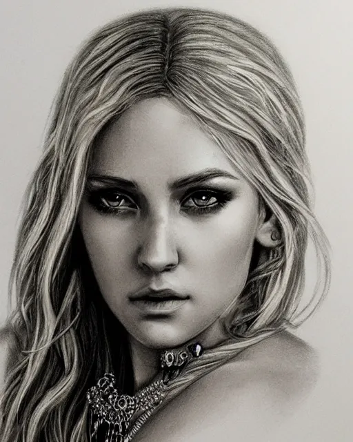Prompt: pencil drawing of beautiful greek goddess aphrodite with arrowhead jewelry, beautiful piercing eyes, beautiful blonde hair, hyper realistic face, in the style of greg rutkowski, fantasy, amazing detail, epic, elegant, smooth, sharp focus, from the front