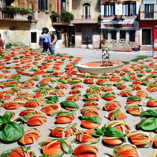 Prompt: an italian town made of pasta, tomatoes, basil and parmesan