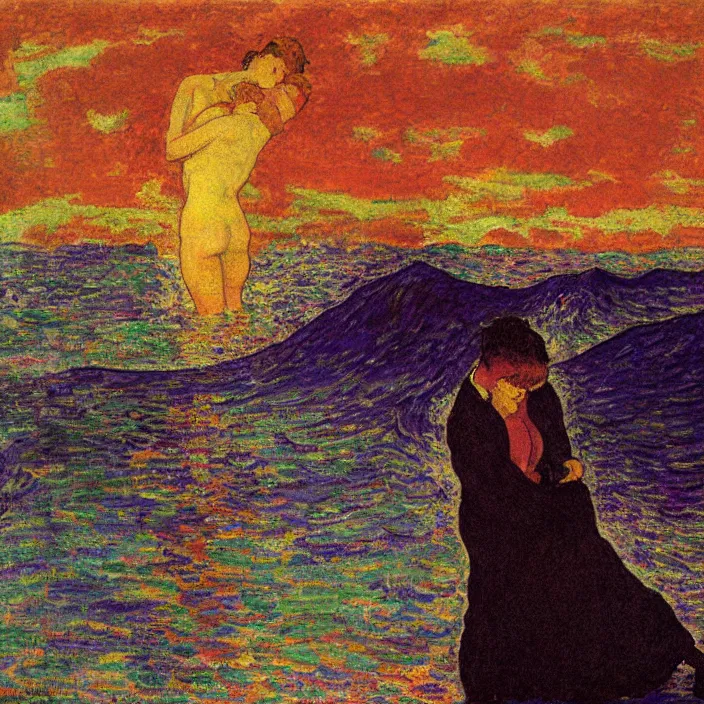 Prompt: close view of woman and man kissing halfway in the water. great, tall waves, sun setting through the storm clouds. iridescent, vivid psychedelic colors. painting by bonnard, felix vallotton, egon schiele, henri de toulouse - lautrec, utamaro, monet