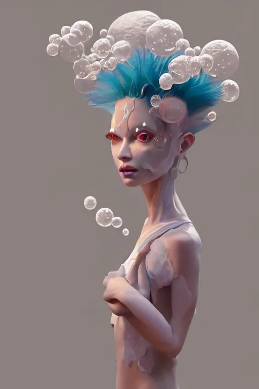 Image similar to an epic non - binary model, subject made of white melting porcelain, mesh headdress, with cerulean and pastel pink bubbles bursting out, delicate, beautiful, intricate, melting into eevee, houdini sidefx, by jeremy mann and ilya kuvshinov, jamie hewlett and ayami kojima, trending on artstation, bold 3 d