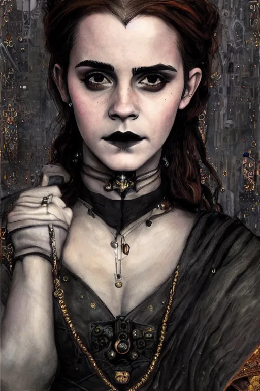 Image similar to portrait of beautiful gothic Emma Watson, cyberpunk, Warhammer, highly detailed, artstation, illustration, art by Gustav Klimt