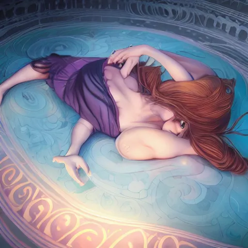 Image similar to Art station concept of a beautiful girls laying in front of a dark deamon, compulsion, Hypnosis, hypnotising, hypnotic eyes, light blue eyes, spiral eyes, symmetrical face, by Stanley Artgerm Lau, WLOP, Rossdraws, James Jean, Andrei Riabovitchev, Marc Simonetti, and Sakimichan, trending on artstation