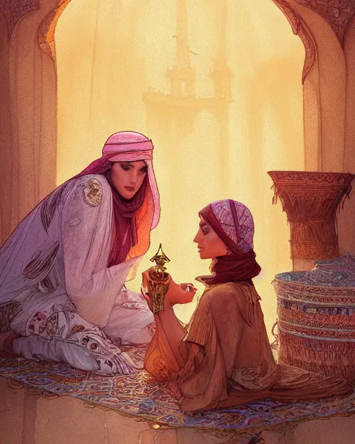 Prompt: bedouin in the desert worshipping in the mosque, highly detailed, gold filigree, romantic storybook fantasy, soft cinematic lighting, award, disney concept art watercolor illustration by mandy jurgens and alphonse mucha and alena aenami, pastel color palette, featured on artstation