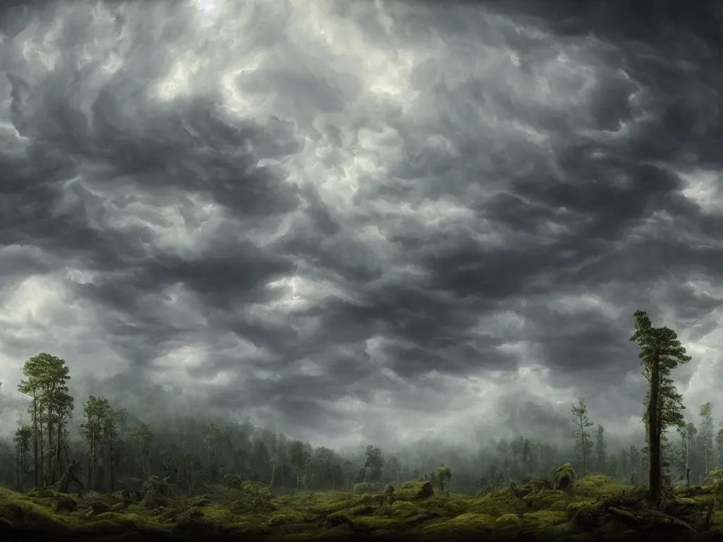 Prompt: detailed landscape, forests. very detailed dark super storm, hyper realistic clouds, impressive, magical, very atmospheric, smoke boiling, cinematic, deep, very high complexity, stunning, masterpiece, chiaroscuro, in the style of caspar david friedrich and laura den hertog, very detailed. 4 k