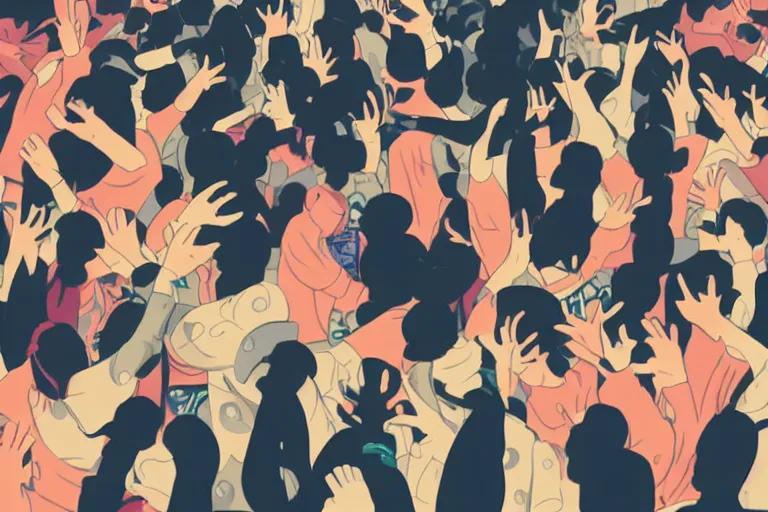 Prompt: techno house rave, people dancing hands up, ukiyo - e flat design