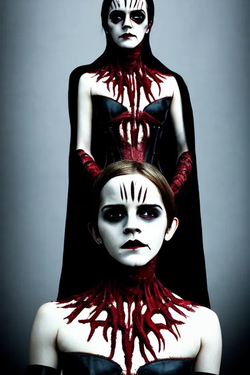 Image similar to dressed emma watson, a sinister demonic queen of cenobites, symmetrical, cinematic, elegant, demonic atmosphere, professional studio light, real dlsr photography, sharp focus, costume made by clive barker, real rotten flesh, blood and bones, 4 k, ultra hd, sense of awe