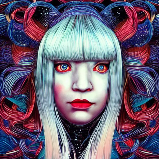 Image similar to portrait of crazy beautiful singer sia kate isobelle furler, big ribbon, symmetrical, by yoichi hatakenaka, masamune shirow, josan gonzales and dan mumford, ayami kojima, takato yamamoto, barclay shaw, karol bak, yukito kishiro