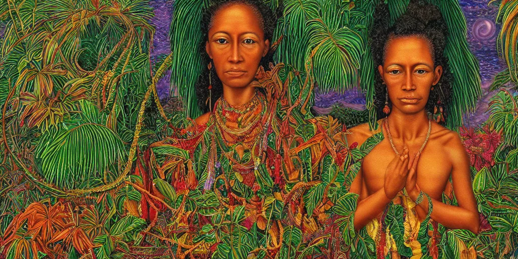 Image similar to very high resolution image. a beautiful tropical landscape, portrait of a spiritual ancestor. 2 4 mm, photorealistic, abstract, directed by mati klarwein