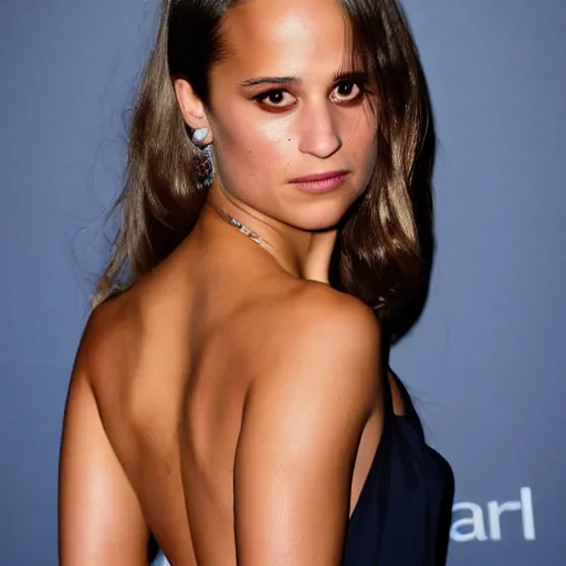 Prompt: alicia vikander. facing away from us. watches sunset. perfect anatomy. meticulous detail