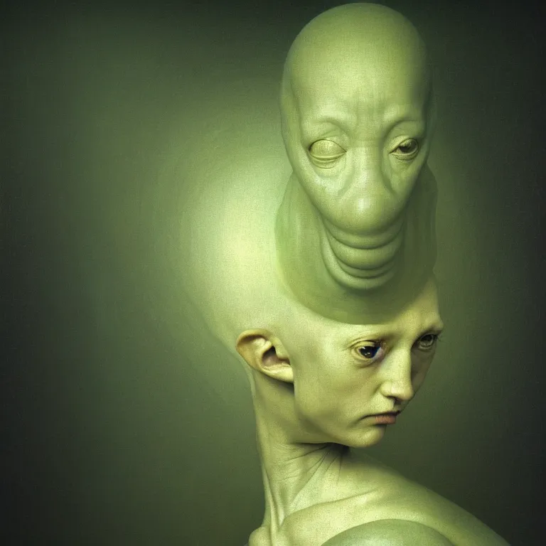 Image similar to portrait of a ribbed alien by hieronymus bosch, wide shot, soft glow bloom lucid dream - like ethereal atmosphere, baroque portrait painting, perfect composition, beautiful intricate detailed octane render trending on artstation, 8 k artistic photography, volumetric cinematic perfect light, chiaroscuro, masterpiece, raphael, caravaggio, rutkowski, beeple, beksinski