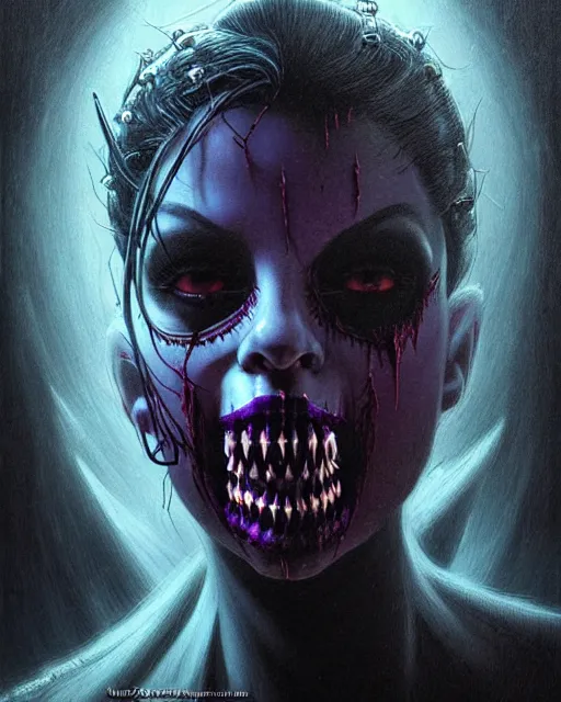 Prompt: sombra from overwatch, character portrait, portrait, close up, concept art, intricate details, highly detailed, horror poster, horror, vintage horror art, realistic, terrifying, in the style of michael whelan, beksinski, and gustave dore